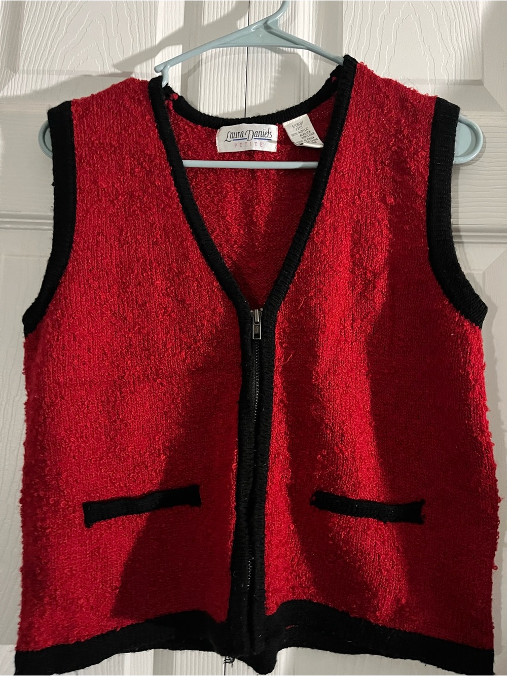 Red Bouclé Zip Vest with Black Trim